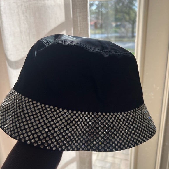 Prada  Logo Plaque embellished crystal nylon bucket hat size medium. NEVER USED - Picture 6 of 11